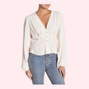 NWOT Free People Love Street Pink Ivory Polka Dot Long Sleeve Top Size XS